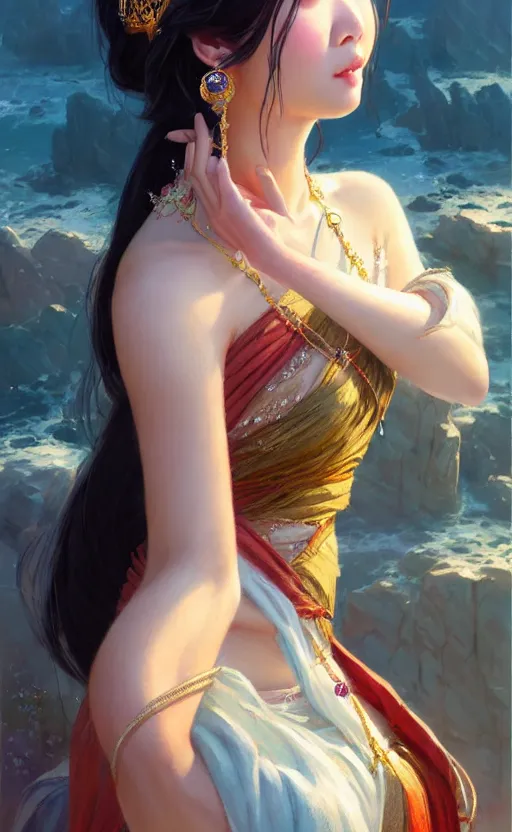 Image similar to a beautiful taiwan goddess with sundress with jewelry | | winter, realistic shaded, unpleasant face, good looking, fine details, realistic shaded lighting poster by greg rutkowski, magali villeneuve, artgerm, jeremy lipkin and michael garmash and macoto takahashi