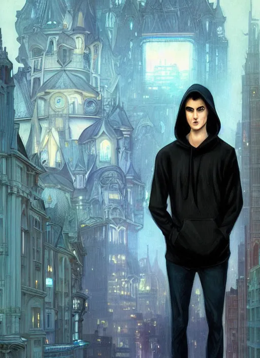 Image similar to handsome young man with short black hair, glowing light blue eyes, pale skin, wearing jeans and a black hoodie, detailed night time cityscape background, realistic painting by ross tran and gerald brom and alphonse mucha, ilya kuvshinov, svetlana tigai, artgerm, trending on artstation