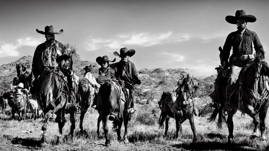 Image similar to a film still from a western movie in mexico, black and white, wide lens,