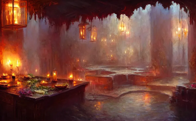 Image similar to painting of an interior of a hot spring with candles, fantasy, lush plants and flowers, natural light, concept art, by greg rutkowski and craig mullins, cozy atmospheric and cinematic lighting, trending on artstation