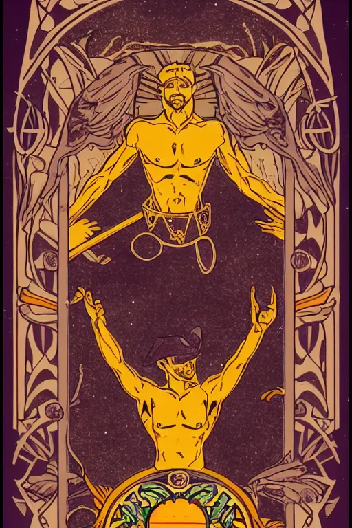 Prompt: a beautiful symmetrical tarot! card of the gay cowboy!! god of beans and beer, campfire background, homoerotic, art deco!, art nouveau, trending on artstation