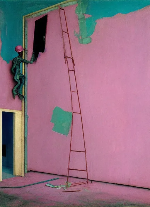 Image similar to a skinny, starving artist wearing overalls, painting the walls inside a deserted chernobyl sarcophagus, hauntingly surreal, highly detailed painting by francis bacon, edward hopper, adrian ghenie, gerhard richter, and james jean, soft light 4 k in pink, green and blue colour palette