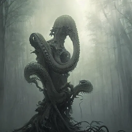 Image similar to epic hyperdetailed portrait of a haunting 🐙🕷 lurking in the shadows. by greg rutkowski, highly detailed portrait, rococo, digital painting, artstation, concept art, smooth, sharp foccus ilustration, artstation hq. intricate, elegant. art by wlop and artgerm and greg rutkowski and alphonse mucha, masterpiece. misty rainforest