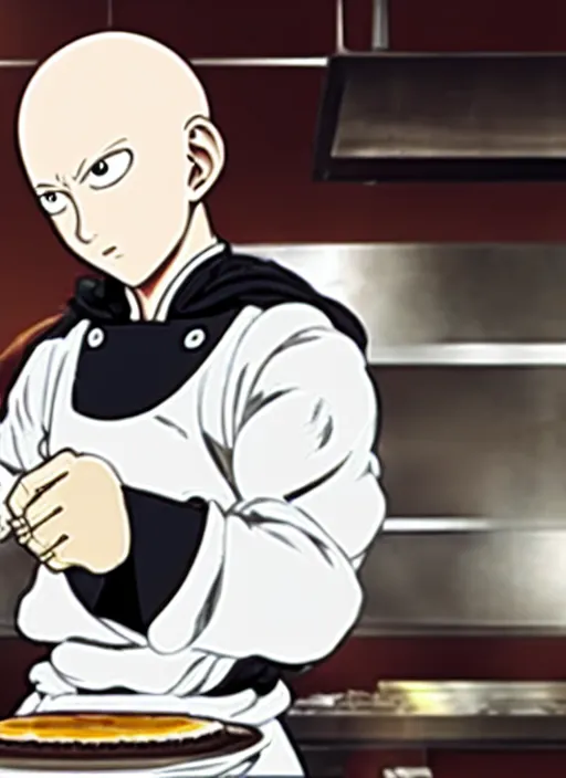 Image similar to chef saitama one punch man, dressed as a pastry chef, fiercely focused at making a cake, beautiful anime artwork