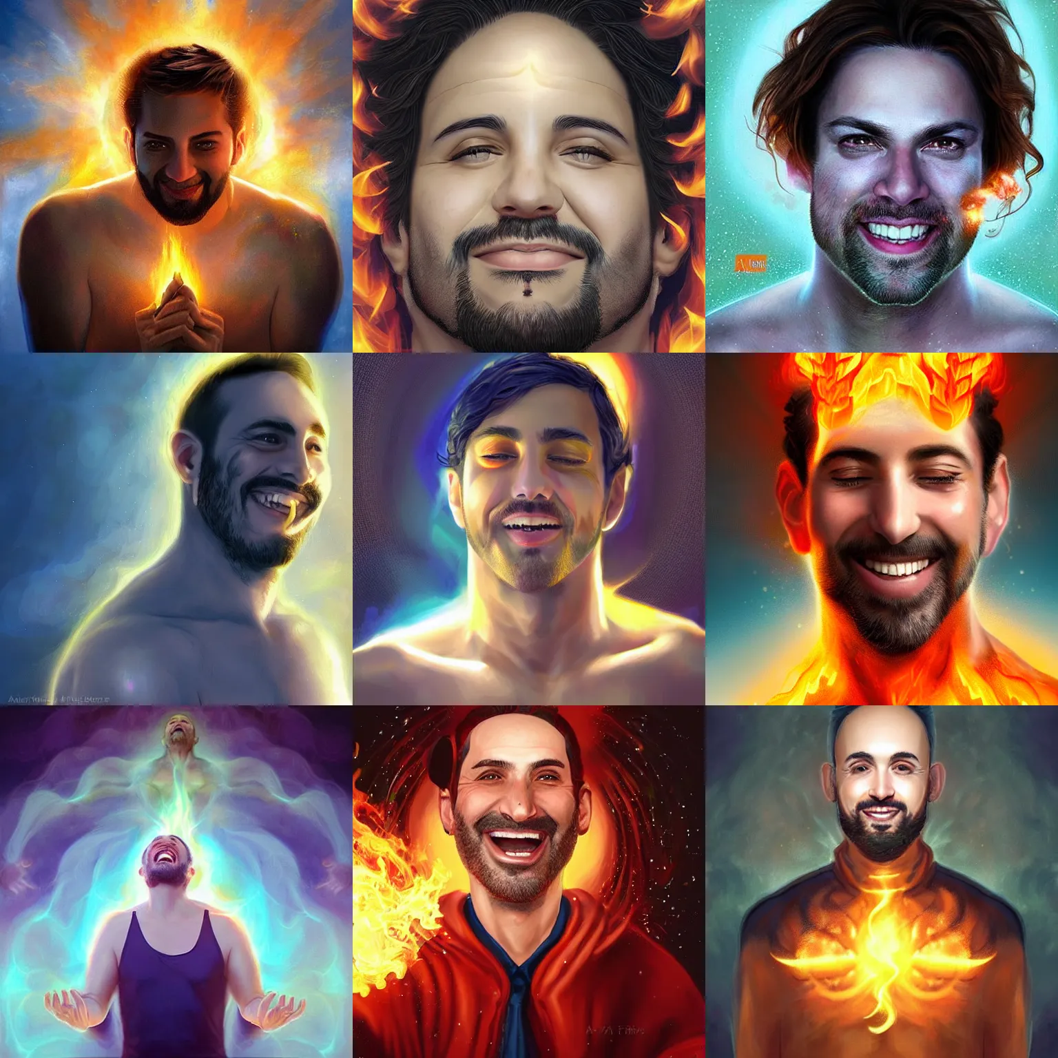 Prompt: a happy white spanish - jewish - latino man in his early 4 0 s, divine fire is enveloping his body and head, digital art by artgerm
