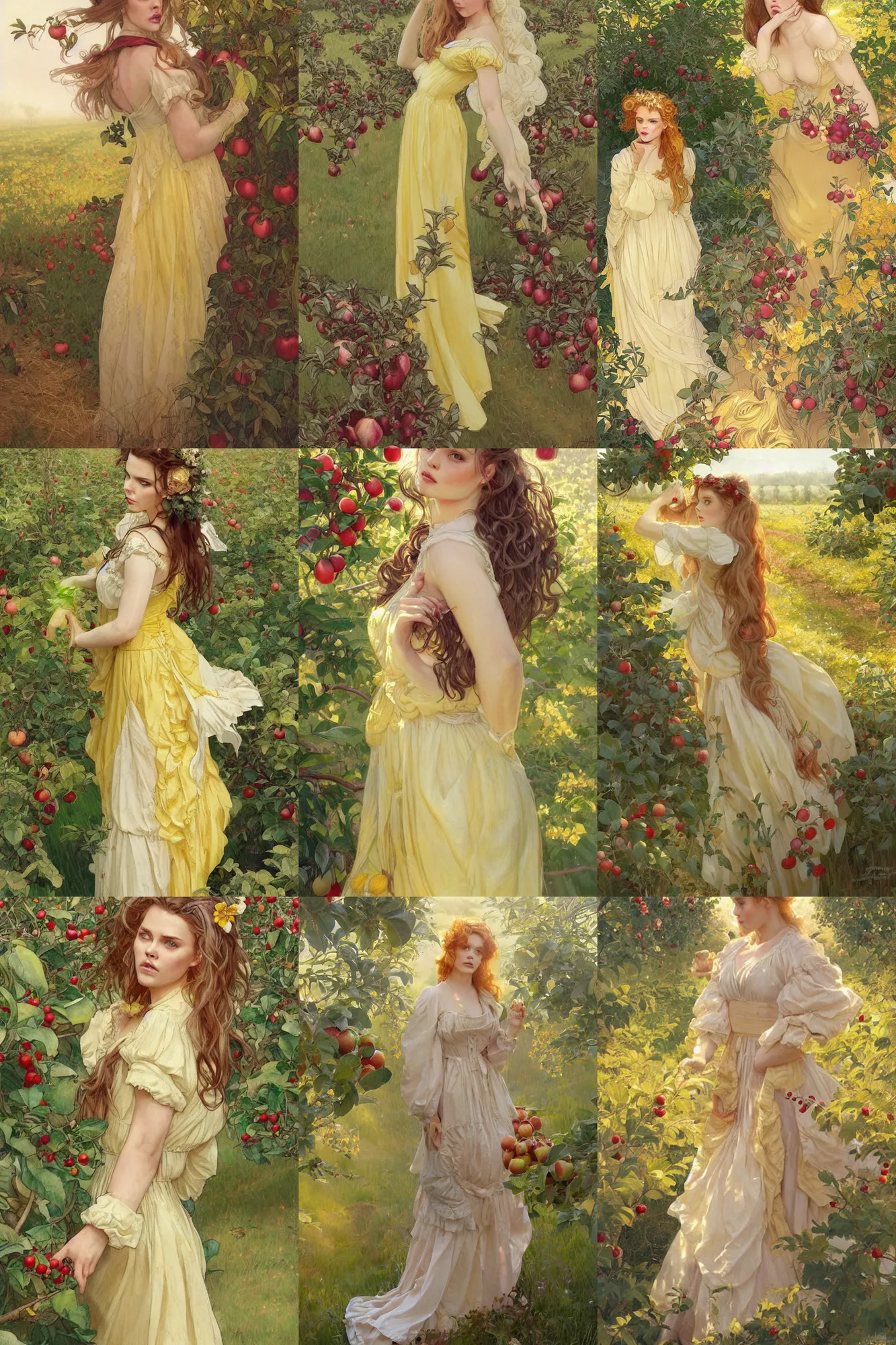 Prompt: a scarlett johnsson in a maid's outfit in a apple orchard, wavy hair yellow theme, s line, 4 5 angel by krenz cushart and mucha and greg rutkowski