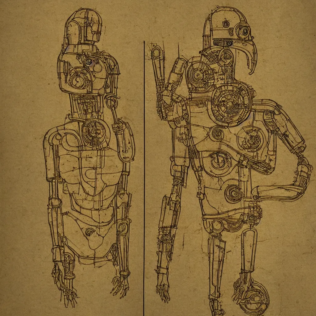 Prompt: c 3 po design schematic by leonardo da vinci, very detailed