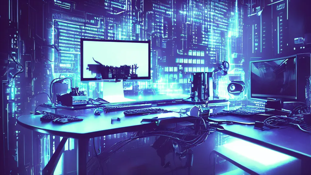 Image similar to a cyberpunk overpowered computer. Overclocking, watercooling, custom computer, cyber, mat black metal, alienware, futuristic design, desktop computer, desk, home office, whole room, minimalist, Beautiful dramatic dark moody tones and lighting, Ultra realistic details, cinematic atmosphere, studio lighting, shadows, dark background, dimmed lights, industrial architecture, Octane render, realistic 3D, photorealistic rendering, 8K, 4K, computer setup, highly detailed