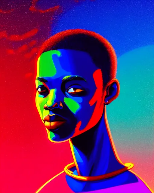 Prompt: a vibrant colorful head and shoulders portrait of the continent africa, zoom out, immersive digital art experiences, glowing lights, magic details, by moebius, edward hopper, james gilleard, and james jean, hd, 8 k, trending on artstation, uhd,