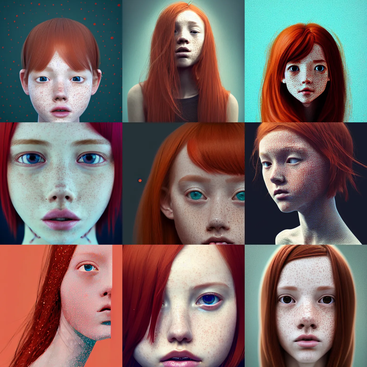 Prompt: waist-length portrait of a redheaded petite teenage girl with freckles. intricate abstract. intricate artwor, by Tooth Wu, wlop, beeple, dan mumfor, , greg rutkowski, trending on artstation, very coherent symmetrical artwork, perfect face, 35 mm, cinematic, hyper realism, high detail, octane render, 8k, chrome accents, studio lightning