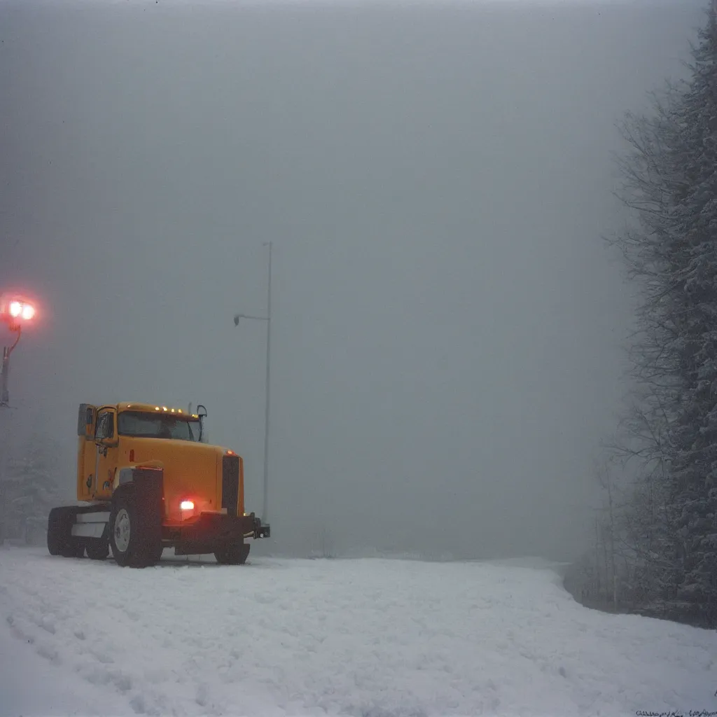 Image similar to photo, big snow plow truck is in the distance with a bright headlighta. cold color temperature, snow storm. hazy atmosphere. humidity haze. kodak ektachrome, greenish expired film, award winning, low contrast,