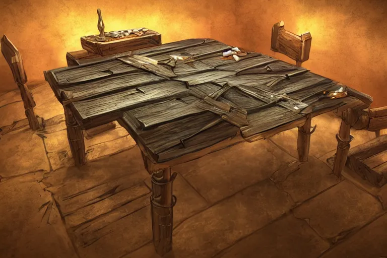 Image similar to a rustic rectangle wooden table with spikes sticking out of it. Dungeons and dragons fantasy digital art, artstation highquality 4k