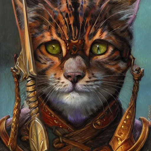 Prompt: Cat warrior fantasy D&D, portrait art by Donato Giancola and James Gurney, digital art, trending on artstation