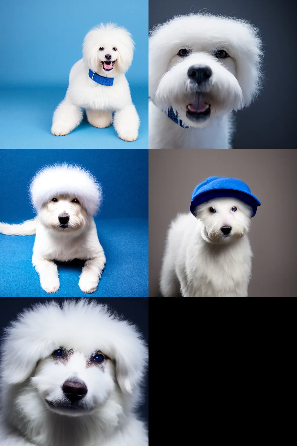 Prompt: a high quality photo of a white fluffy dog wearing a blue cap,photorealistic,hyperdetailed,focus,dept of field,professional photography,professional lighting,studio photo,studio lighting