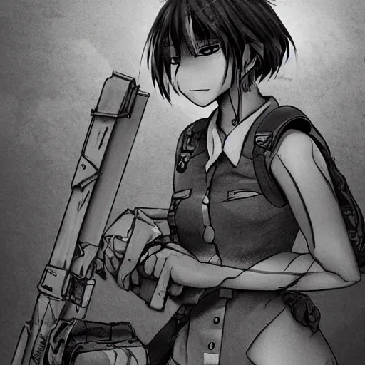 Image similar to manga, monochromatic, miura kentaro, soldier girl character, sandbags, soldier clothing