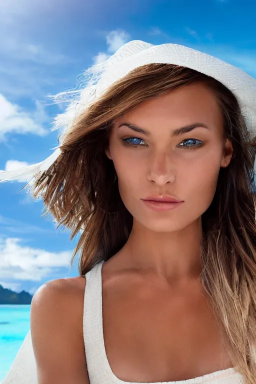 Image similar to beautiful fit model woman in bora bora, natural light, Chanel advertisement by Anita Sadowska