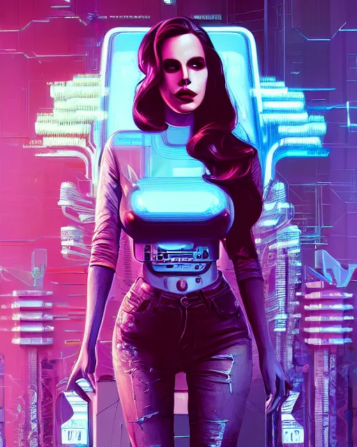 Image similar to portrait of lana del rey as a cyberpunk cyborg. roses, sci - fi, missing panels, intricate abstract, upper body, intricate artwork, by tooth wu, wlop, beeple, dan mumford. concept art, 8 k octane render, deviantart, greg rutkowski, cinematic, key art, hyperrealism, iridescent accents