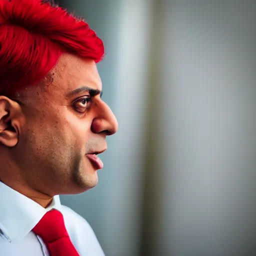 Image similar to A realistic photo of Sajid Javid wearing a red wig, m.zuiko 75mm, f 1.8, 1/400, RAW, unedited, 8K, high quality,