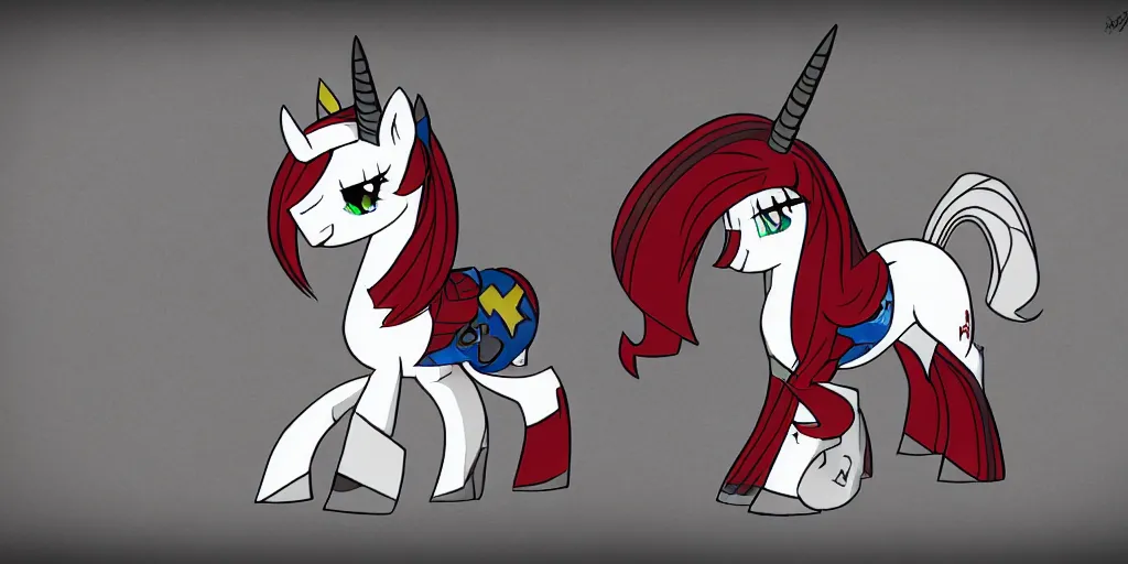 Prompt: Fallout Equestria Project Horizons | Blackjack Character Concept Art | White MLP Unicorn Mare with red and black shaggy hair, and bright, robotic eyes. | Cutie Mark is: Ace and Queen of Spades | Trending on ArtStation, Digital Art, MLP Fanart, Fallout Fanart | Blackjack sitting and looking depressed at the viewer