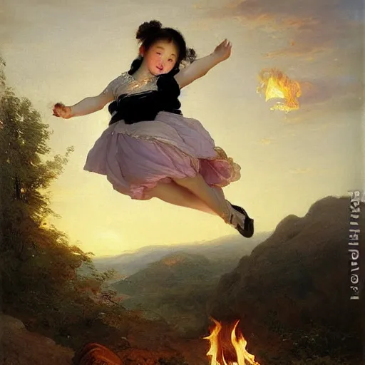 Prompt: a korean girl jumping over a bonfire by franz xaver winterhalter