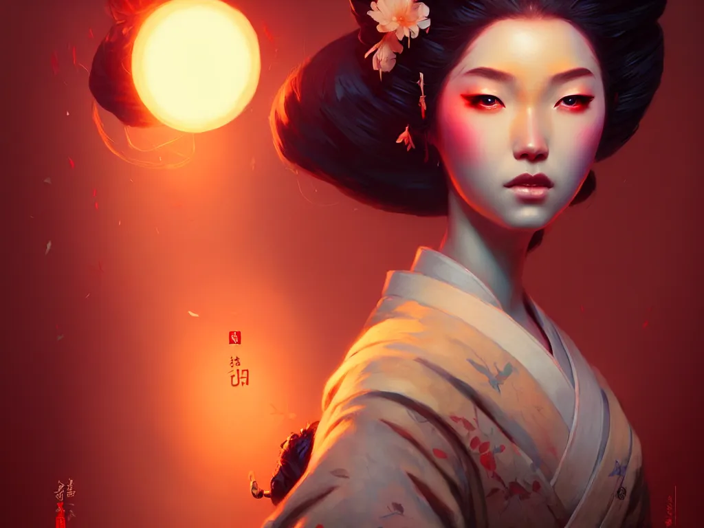 Image similar to pretty geisha, d & d digital painting, ultra realistic, beautiful, volumetric lighting, warm colors advance, cell shading, by james jean, greg rutkowski, wlop