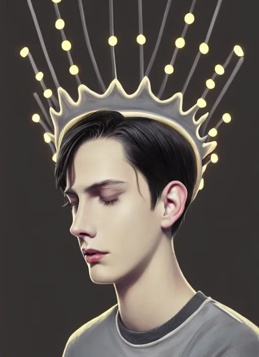 Image similar to portrait of teenage jughead jones wearing a light grey crown, crown, hamburger background, eyes closed, crown, black hair, intricate, elegant, glowing lights, warm lighting, highly detailed, digital painting, artstation, concept art, smooth, sharp focus, illustration, art by wlop, mars ravelo and greg rutkowski