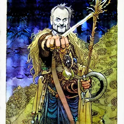 Prompt: a high fantasy portrait of bill murray as a mystical druidic warrior wizard giving the camera the finger by rebecca guay, michael kaluta, charles vess and jean moebius giraud