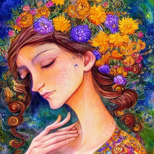 Prompt: a painting of a a woman with flowers in her hair, a storybook illustration by josephine wall, watercolor, deviantart, metaphysical painting, storybook illustration, detailed painting, whimsical, psychedelic art