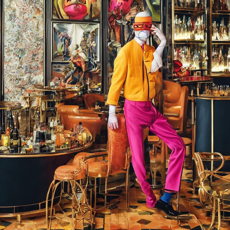 Image similar to vogue photoshoot octane render portrait by wayne barlow and carlo crivelli and glenn fabry, a handsome eccentric man in a bright colorful pastel wes anderson uniform inside and a black robber mask inside a high - end exotic vintage boutique hotel bar, very short depth of field, bokeh