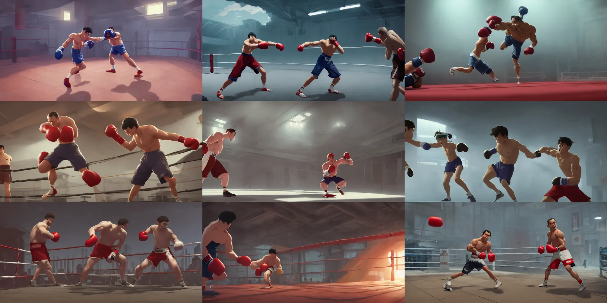 Prompt: animation key shot, boxer practicing and training hard for his next match, boxing ring, punching bag, close up shot, studio Ghibli, Pixar and Disney animation, sharp, Rendered Unreal Engine 5, film key art, Greg Rutkowski, Bloom, dramatic lighting