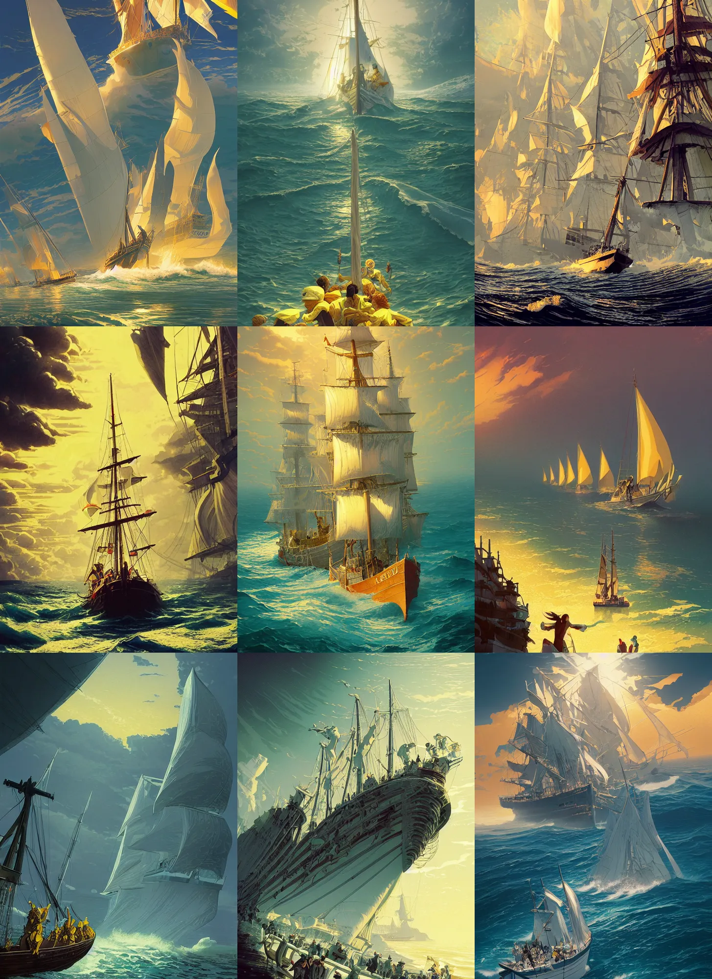 Prompt: in the raging sea white ship bearing lemon - yellow sails, travel poster artwork by michael whelan and tomer hanuka, high contrast, full of details, by makoto shinkai and thomas kinkade, matte painting, trending on artstation and unreal engine