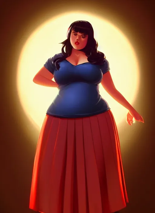 Image similar to full body portrait of teenage veronica lodge, obese, bangs, sultry, realistic, sultry smirk, wavy hair, red skirt, fat, belly, intricate, elegant, glowing lights, highly detailed, digital painting, artstation, concept art, smooth, sharp focus, illustration, art by wlop, mars ravelo and greg rutkowski