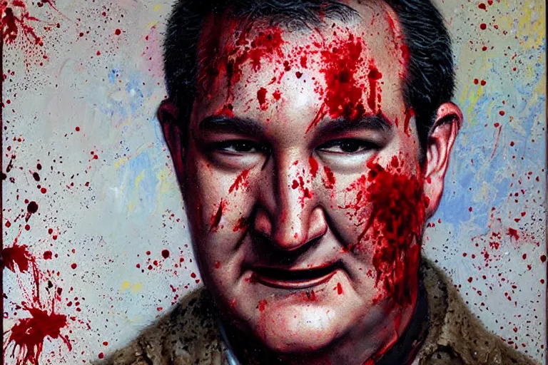 Image similar to portrait of ted cruz wearing burlap bloodsplattered as the zodiac killer at night, an oil painting by ross tran and thomas kincade