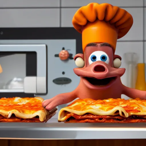 Image similar to pixar 3 d style cute platypus on a kitchen wearing a chef hat and holding a lasagna into an oven, pixar style, 3 d, ratatouille style