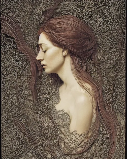 Image similar to a woman's face in profile, long flowing hair entwined in a coral reef, made of intricate decorative lace leaf, in the style of the dutch masters and gregory crewdson, dark and moody