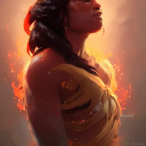 Prompt: a beautiful portrait of a fire goddess by Greg Rutkowski and Raymond Swanland, Trending on Artstation, Flaming Background, ultra realistic digital art