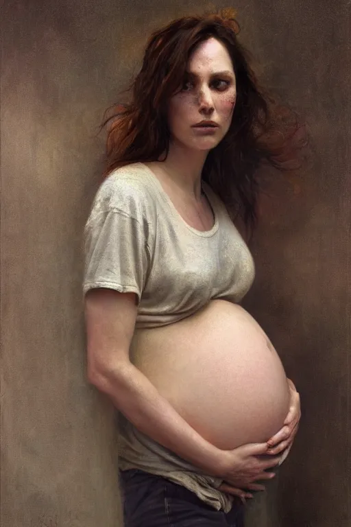 Prompt: pregnant woman in t-shirt by Alyssa Monks, Gaston Bussiere. full-shot, urban dystopia, hyper realism, realistic proportions, dramatic lighting, high detail 4k