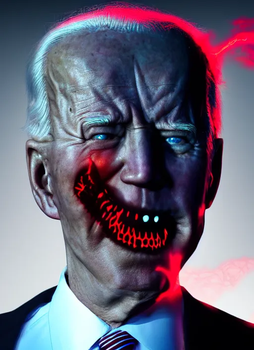Image similar to hyper realistic ultra realistic harbinger of doom photo furious red glowing eyes biden, high quality photo, detailed , 8k