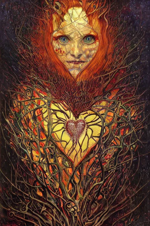 Image similar to Heart of Thorns by Karol Bak, Jean Deville, Gustav Klimt, and Vincent Van Gogh, portrait of an anatomical heart, sacred heart, Surreality, otherworldly, infernal enigma, Helliquary, fractal structures, celestial, arcane, ornate gilded medieval icon, third eye, spirals, dramatic sharp thorns, rich deep moody colors