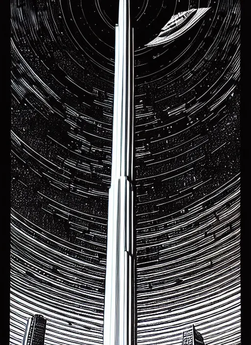 Prompt: cn tower, extremely detailed, bold line art, by vincent di fate and joe fenton and artgerm, toronto, inking, etching, screen print, masterpiece, trending on artstation, sharp, high contrast, hyper realistic, hd, 4 k, 8 k