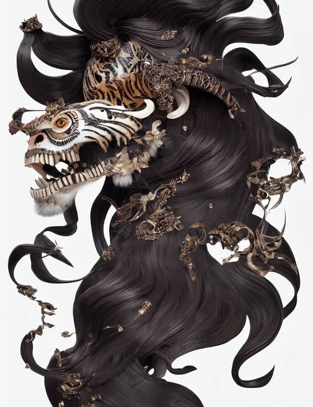 Image similar to 3 d goddess tiger skull half - turn portrait with long hair with ram skull. beautiful intricately detailed japanese crow kitsune mask and clasical japanese kimono. betta fish, jellyfish phoenix, bio luminescent, plasma, ice, water, wind, creature, artwork by tooth wu and wlop and beeple and greg rutkowski