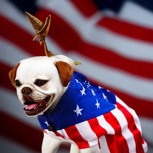 Prompt: a dog with a trident riding a bald eagle, patriotic, photorealistic, realistic photo, sharp focus, high detail