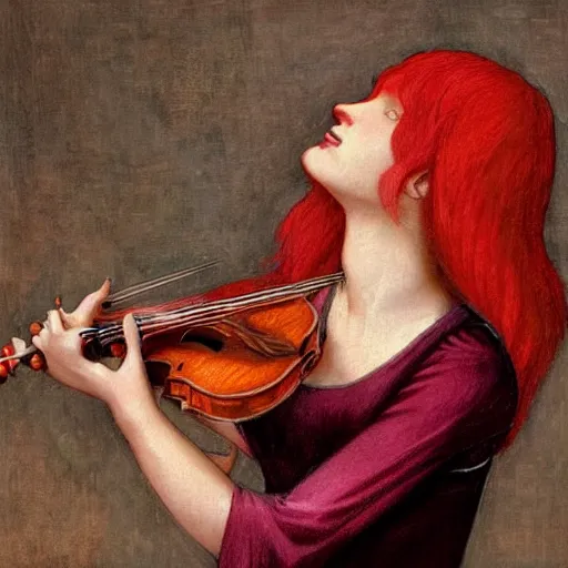 Image similar to woman with red hair red dress at the center of the stage playing redwood violin, artistic, renaissance, soft, detailed, art nouveau, artwork of the century, precision