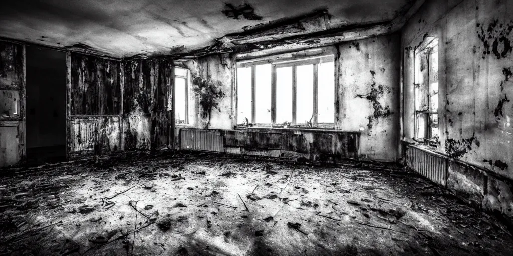 Image similar to a very dark room at night in a derelict house with one light, black and white, grungy