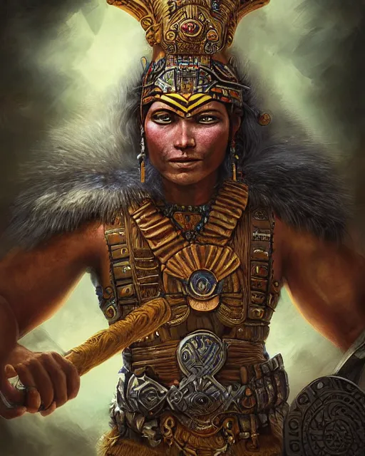 Image similar to digital painting of a mayan warrior by filipe pagliuso and justin gerard, symmetric, fantasy, highly detailed, realistic, intricate, portrait, sharp focus