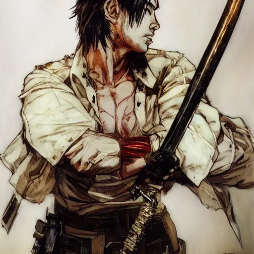 Image similar to portrait of a hero holding his sword in front of his face by yoji shinkawa, high quality, extra details, realism, ornate, colored, golden chain, blood, white skin, short hair, brown eyes, vivid, sunlight, dynamic, american man, freedom, white american soldier, painting