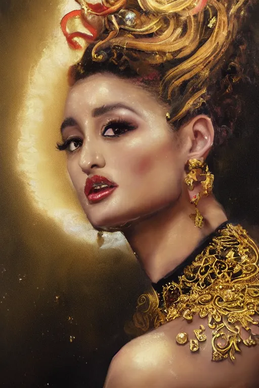 Image similar to an epic painting of arianna grande, curly messy high bun hairstyle, oriental tattoos, jeweled ornament over forehead, subject wearing a gold and black high fashion gown, flowing, ornate, beautiful, intricate, dramatic earth colors, with few fire red highlights, by jeremy mann and greg rutkowski, 8 0 mm lens, trending on artstation, oil on canvas