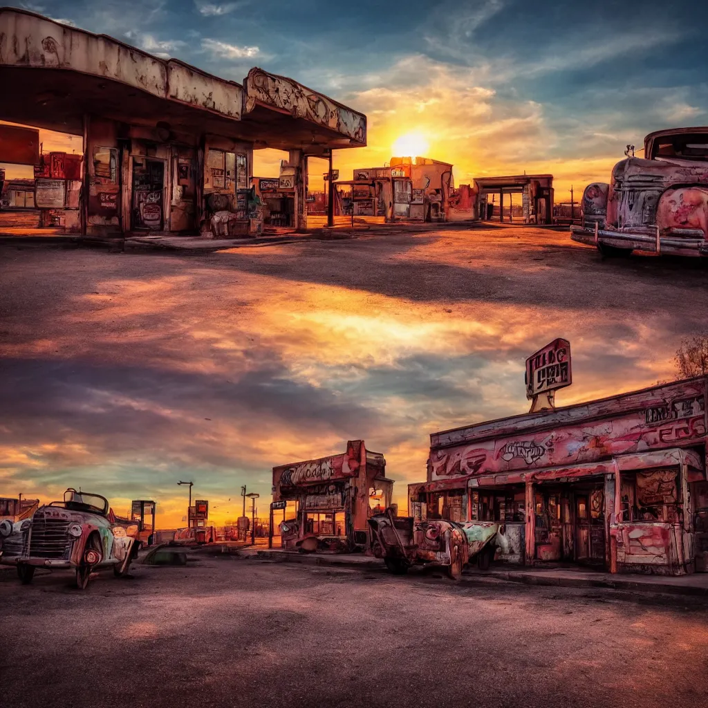 Prompt: a sunset light landscape with historical route 6 6, lots of sparkling details and sun ray ’ s, blinding backlight, smoke, volumetric lighting, colorful, octane, 3 5 mm, abandoned gas station, old rusty pickup - truck, beautiful epic colored reflections, very colorful heavenly, softlight