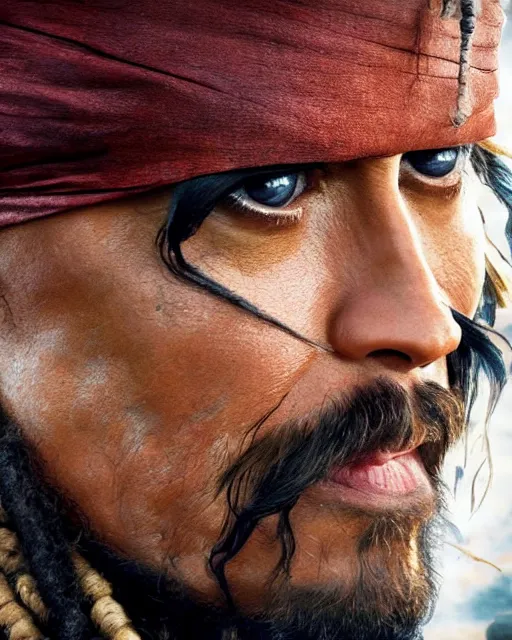 Prompt: Film still close-up shot of Dwayne Johnson as Captain Jack Sparrow with Dwayne The Rock Johnsons face from the movie Pirates of the Caribbean. Dwayne The Rock Johnson Photographic, photography