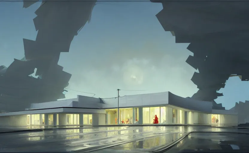 Prompt: painting of a wide angle exterior shot of a white modern architecture with cinematic lighting by richard rogers and renzo piano, darek zabrocki and greg ruthkowski, alphonse mucha, simon stalenhag and cinematic and blue cold atmospheric, archillect concept art, artstation, trending on artstation